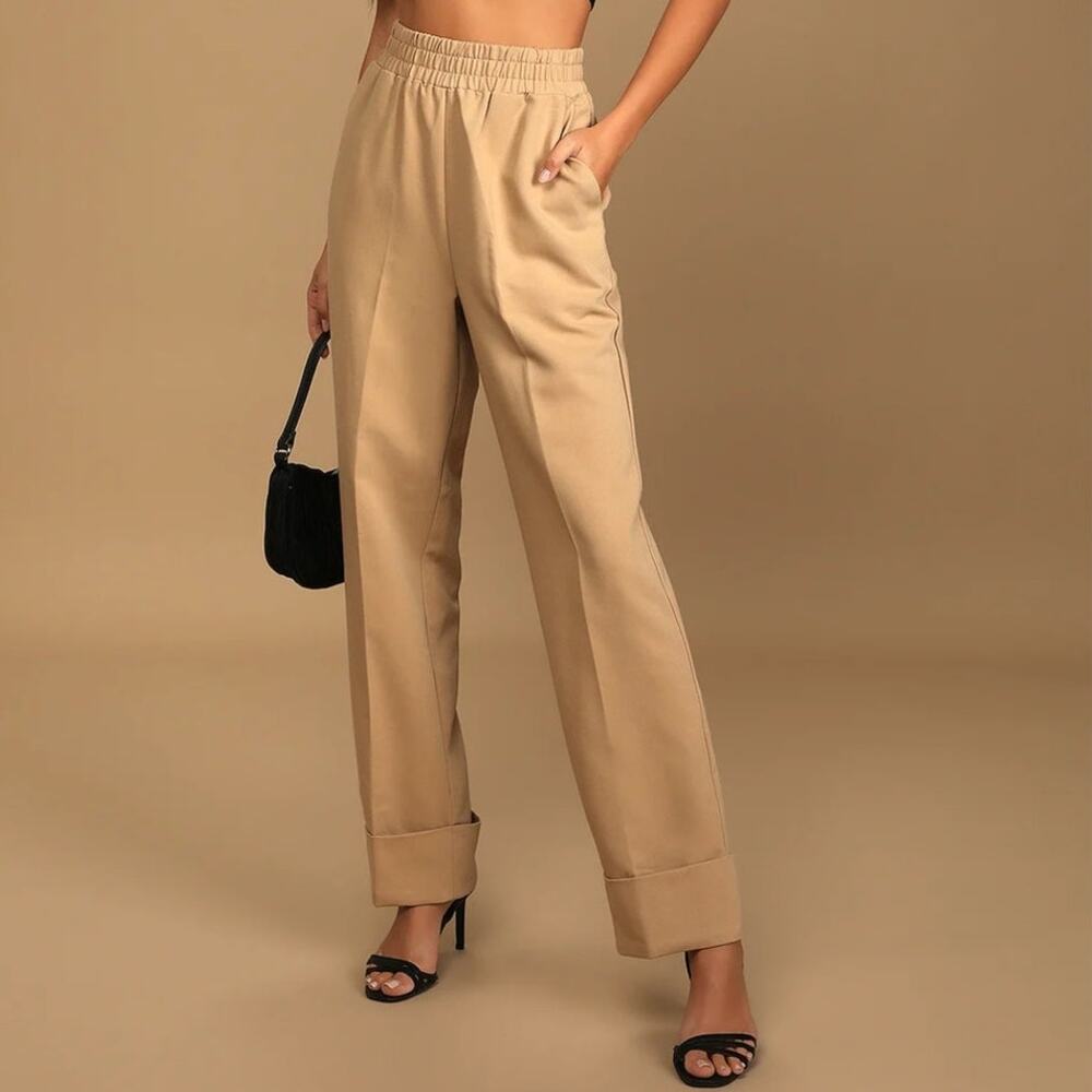4th + Reckless Beige Elastic Waist Wide Leg Pants UK 8 / US 4